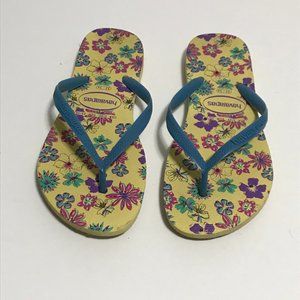 HAVAIANAS SLIM LOGO POP UP YELLOW FLORAL WOMEN'S FLIP FLOPS SIZE 33 - 34
